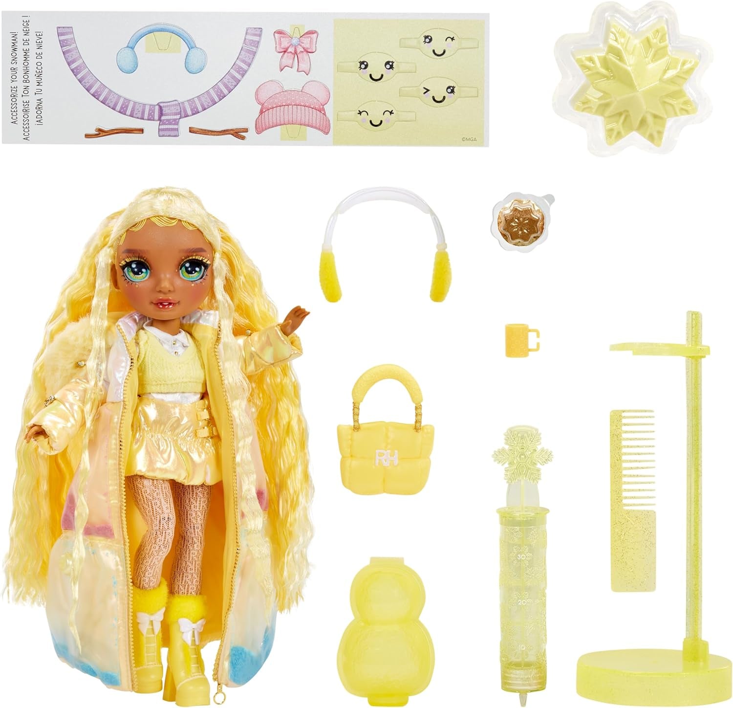 Rainbow High Winter Wonderland - Sunny (Giallo) - Bambola alla moda con pupazzo di neve gonfiabile con acqua magica nascosta da 28 cm con set pupazzo di neve, adatta per bambini e collezionisti di 4-12 anni