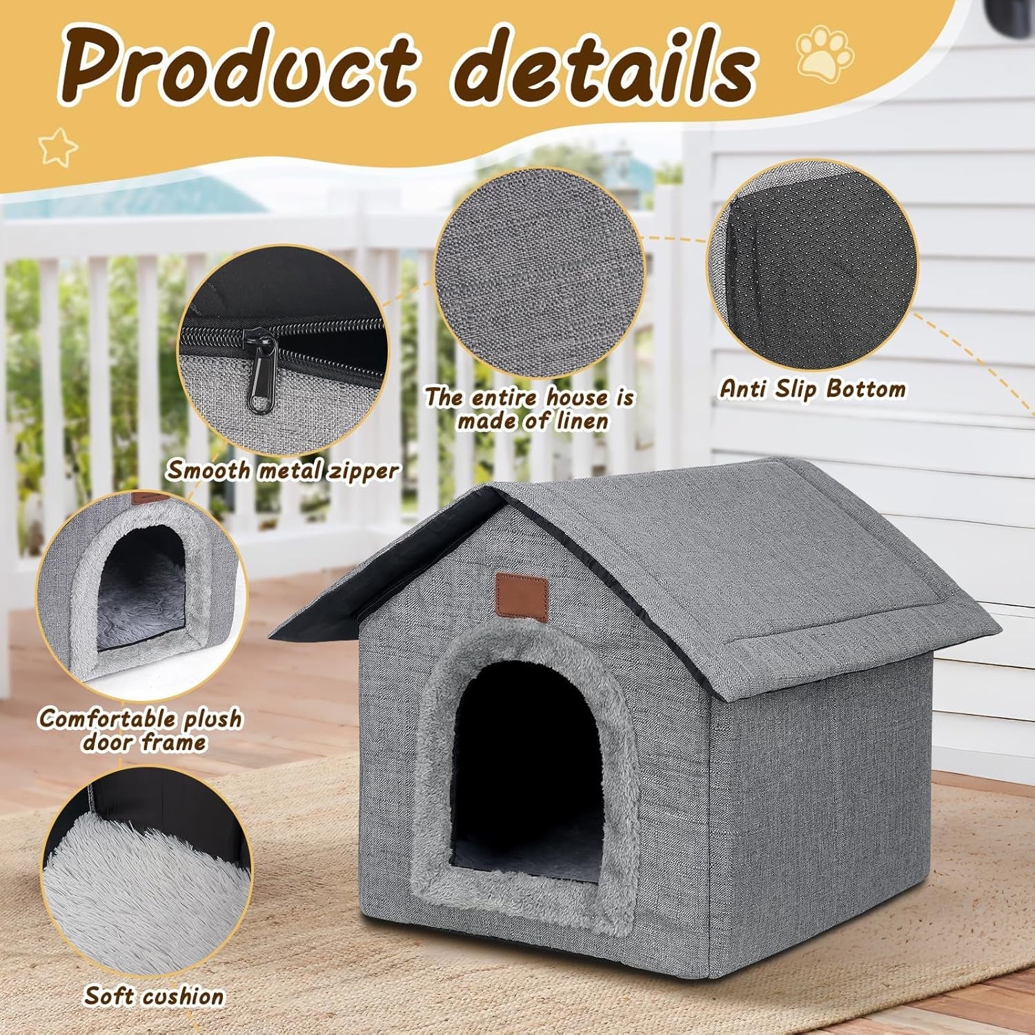 Katzenhaus Outdoor Winterfest, Katzenhöhle, Hundehöhle mit Abnehmbarem Plüschkissen, Wasserdicht Wetterfester, Hundehütte Indoor, Hundehaus für Drinnen/Indoor 35x30x35cm (Grigio, S)