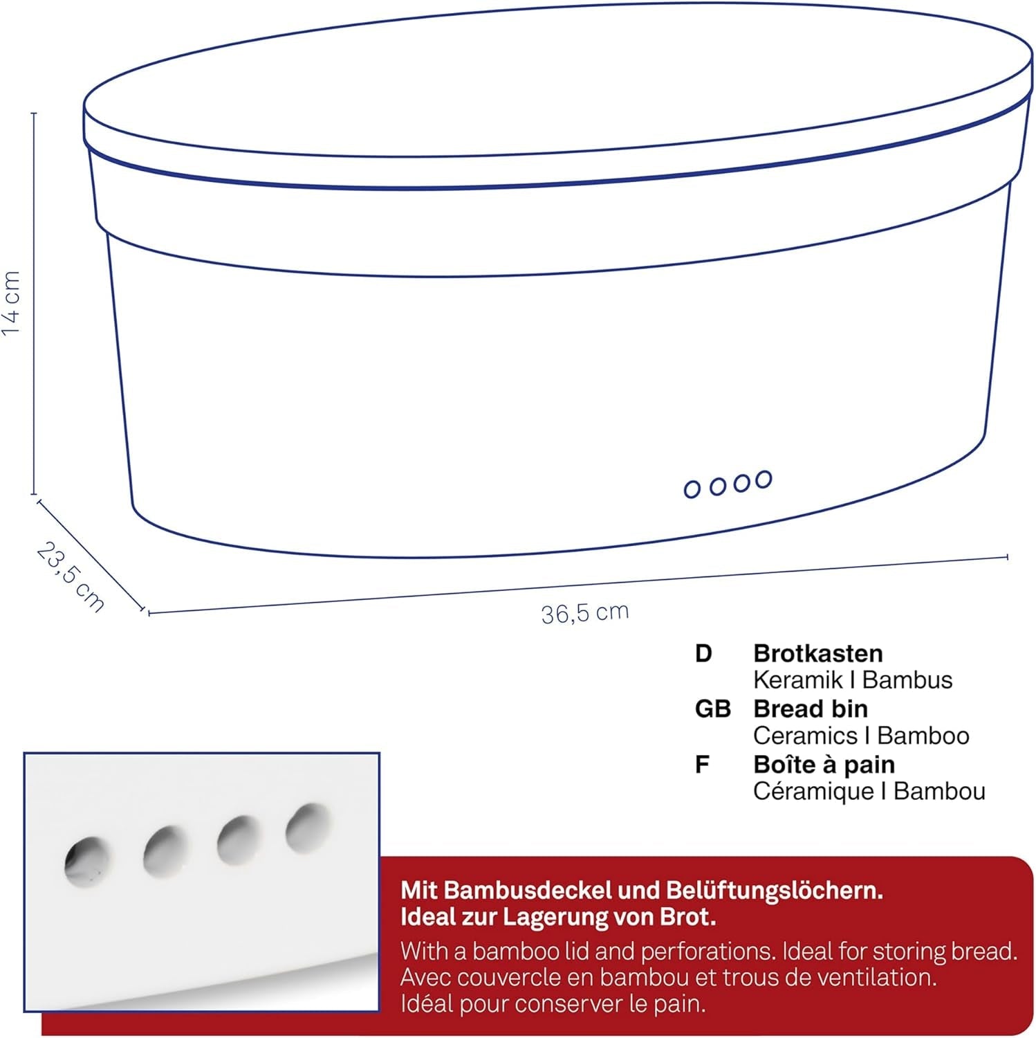 Portapane Kela con fori di ventilazione, portapane in ceramica, SALENA, ciotola per il pane, bianco, 36,5 x 23,5 x 14 cm Contenitori per alimenti Naty Shop