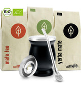 Set da tè Mate Bio ● 3 assortimenti di Mate + Tazza Mate in acciaio inossidabile a doppia parete + Bombilla + Istruzioni per la preparazione (Nero)
