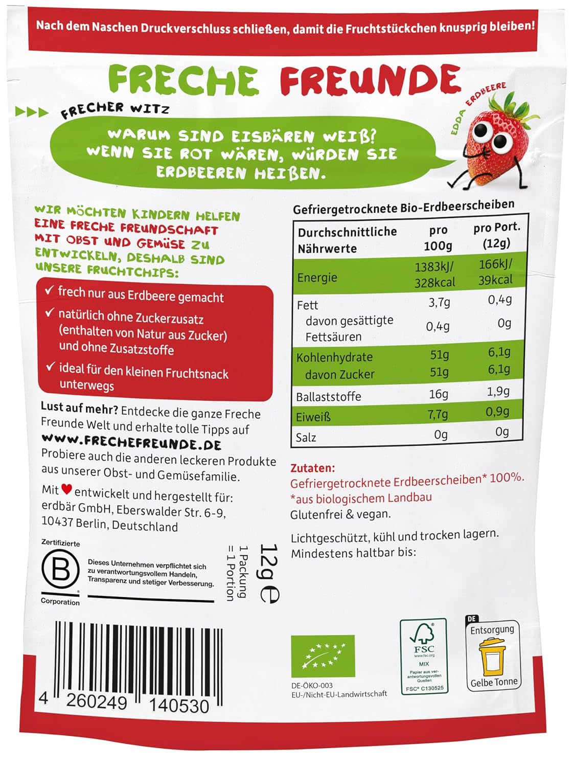 FRECHE FREUNDE Chips di frutta alla fragola bio, chips di frutta liofilizzata, frutta secca a fette al naturale senza zuccheri aggiunti, vegano, senza lattosio, senza glutine, confezione da 12 (12 x 12g)