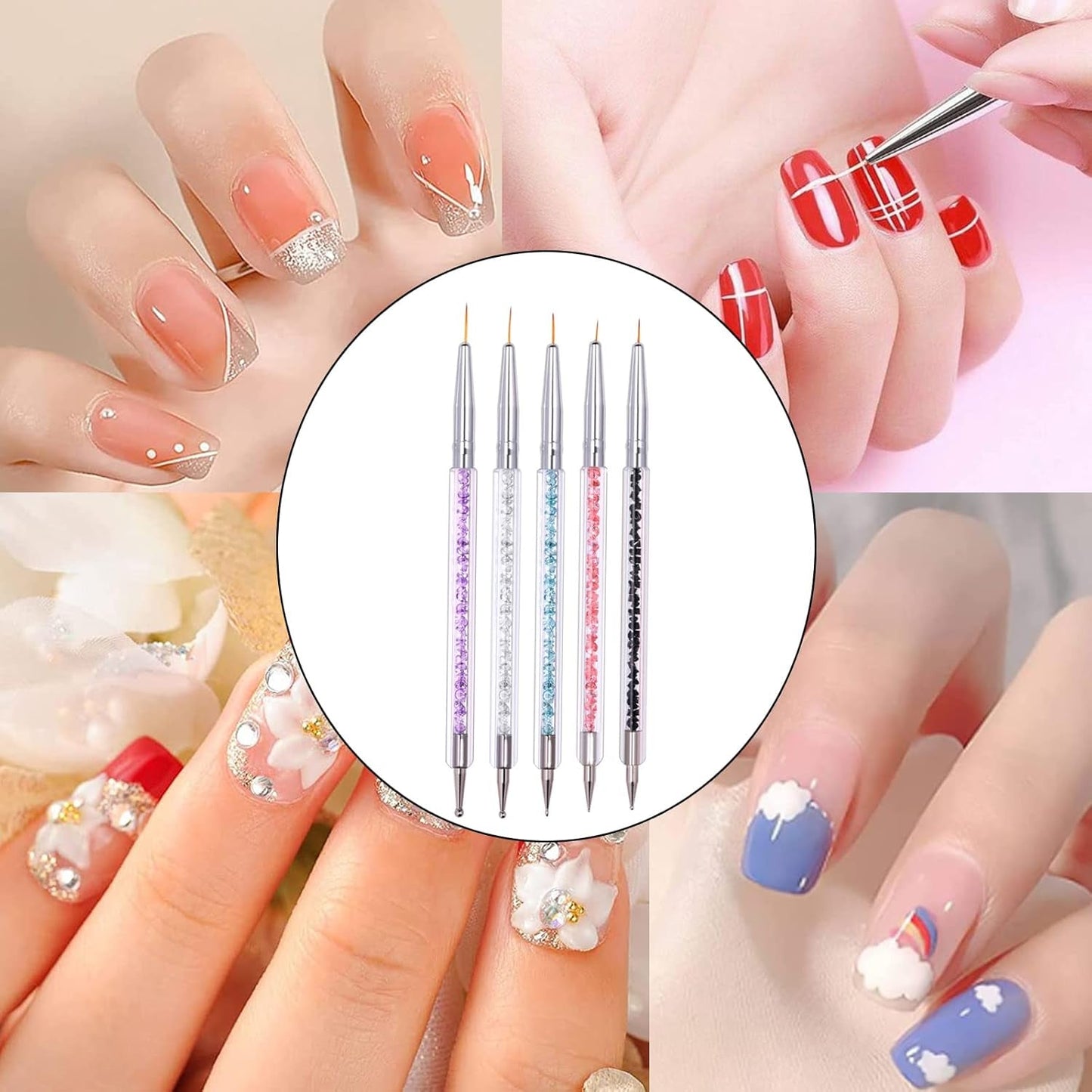 Set di 5 pezzi di pinsel Nagel, pinsel Nageldesign, strumenti per punteggiare nail art, penna acrilica professionale a doppia estremità per nail art design fai da te