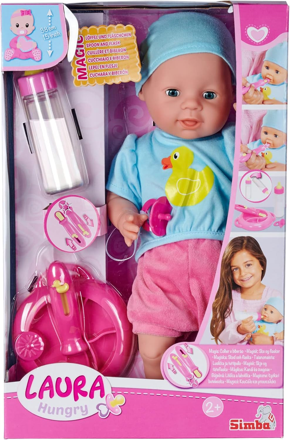 Simba 105010964 - Laura Hungry bambola dal corpo morbido con manichino, cucchiaio magico, bottiglia a scomparsa e piattino, 38cm, bambola da 2 anni Naty Shop Bambole Singole