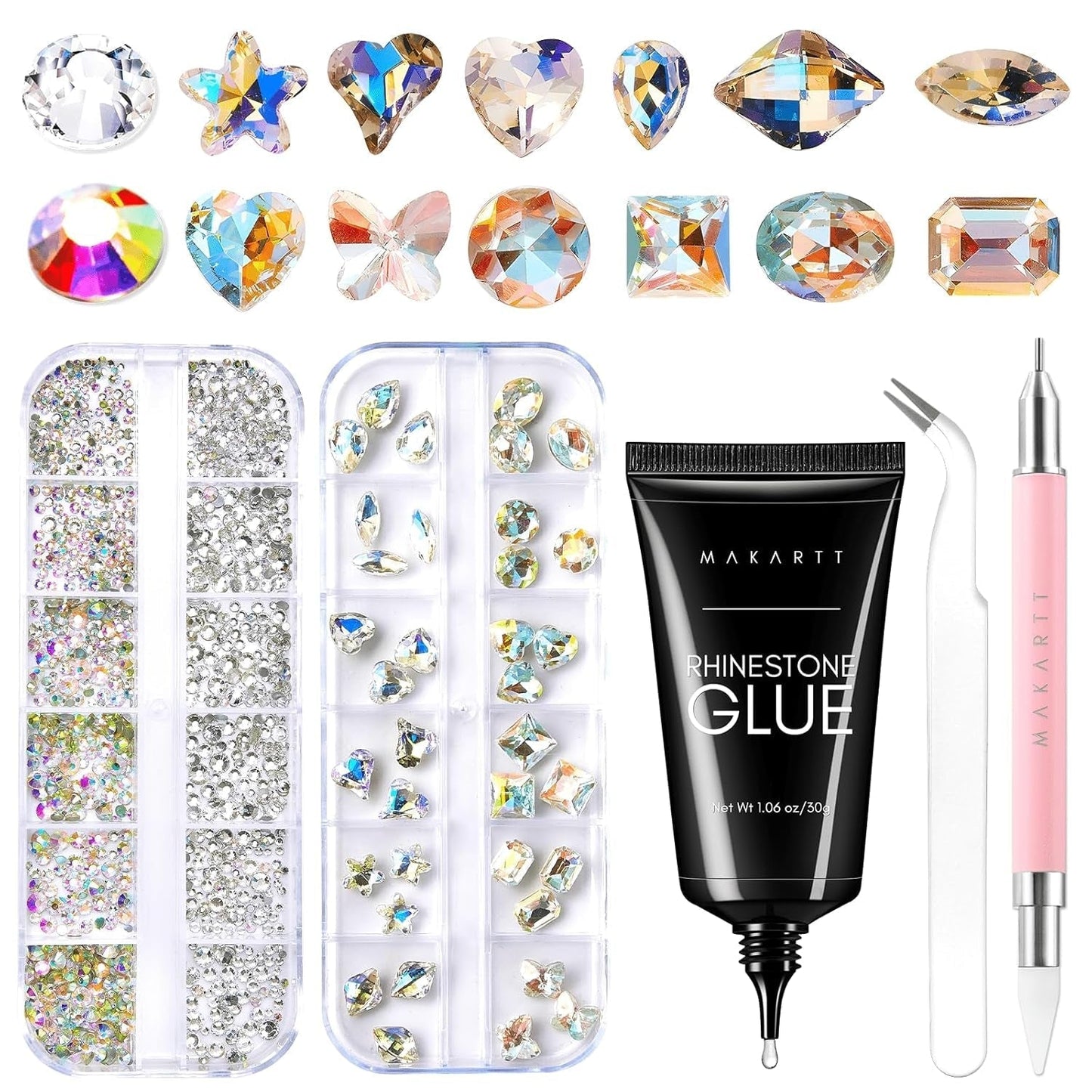 Makartt Gel adesivo per strass - Set di colla UV per unghie da 15 ml con ciondoli per unghie rosa Cuore Cerchio Gioielli per unghie e accessori per design delle unghie per manicure domestica Regalo di San Valentino