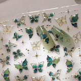 JMEOWIO 3D Nagelsticker Grün Gold Schmetterling Nail Art Sticker Self-klebend Nagelaufkleber 5D Stereoskopisch Dekoration Nageldesign Zubehör 1 Blatt