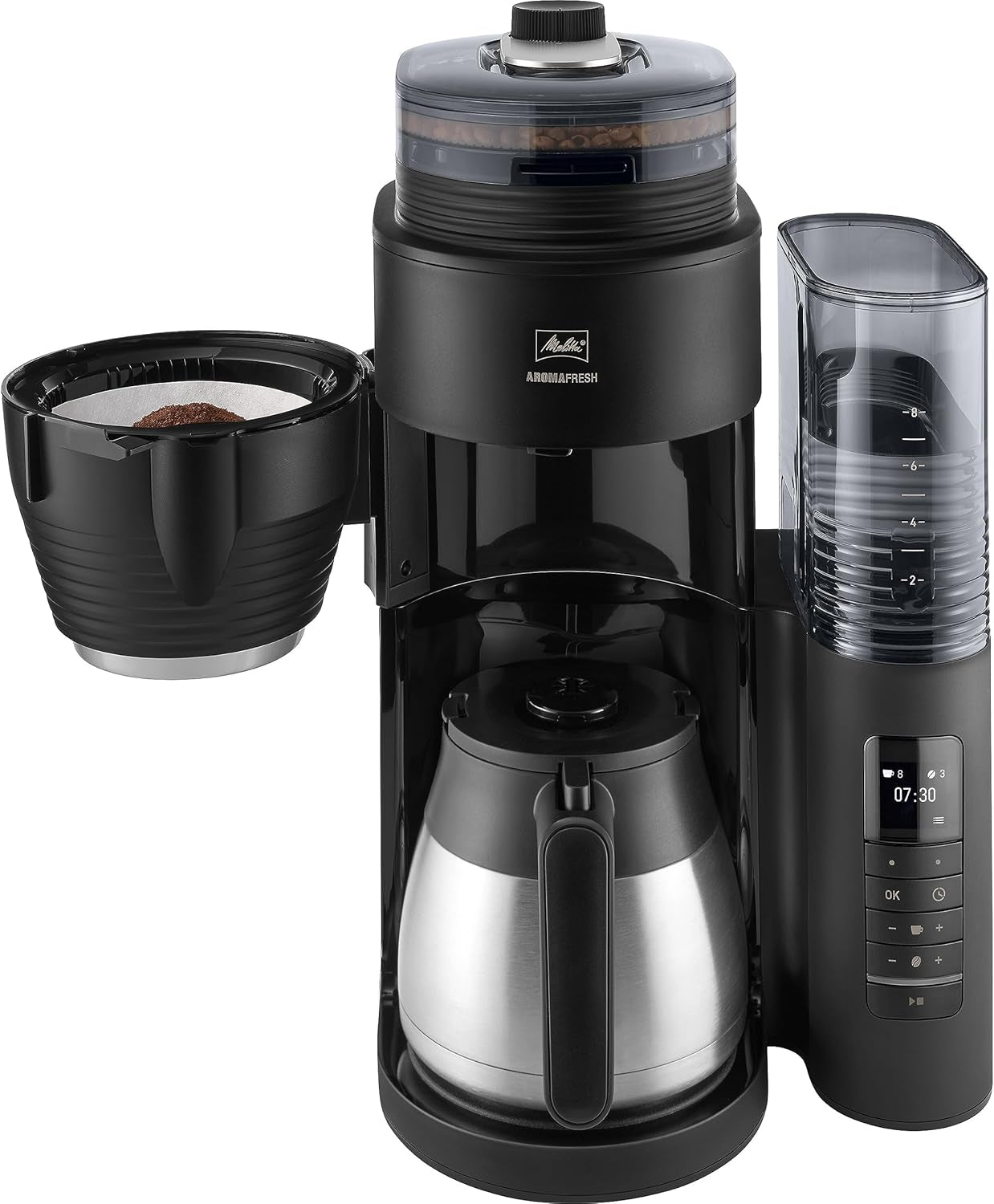 Melitta AromaFresh Therm Pro X - Macchina per caffè espresso con filtro, macinacaffè integrato, serbatoio dell'acqua rimovibile, caraffa termica in acciaio inossidabile e funzione timer, per un massimo di 8 tazze di caffè, nero/argento