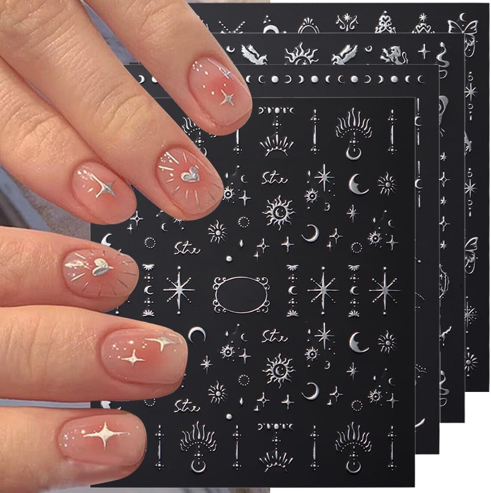 Adesivi per unghie metallizzati argento 3D, adesivi per unghie per donne, stella, luna, sole, lamina per unghie, adesivi autoadesivi, adesivi per unghie farfalla, adesivi per unghie, accessori per design delle unghie, 8 pezzi