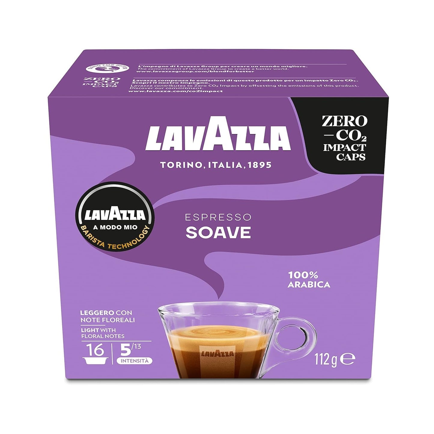 Lavazza, A Modo Mio Soave 256 Kaffeekapseln, für einen leichten und eleganten Espresso mit aromaticschen Noten von Blumen, 100% Arabica, Intensität 5/13, medium Röstung, 16 Packungen mit je 16