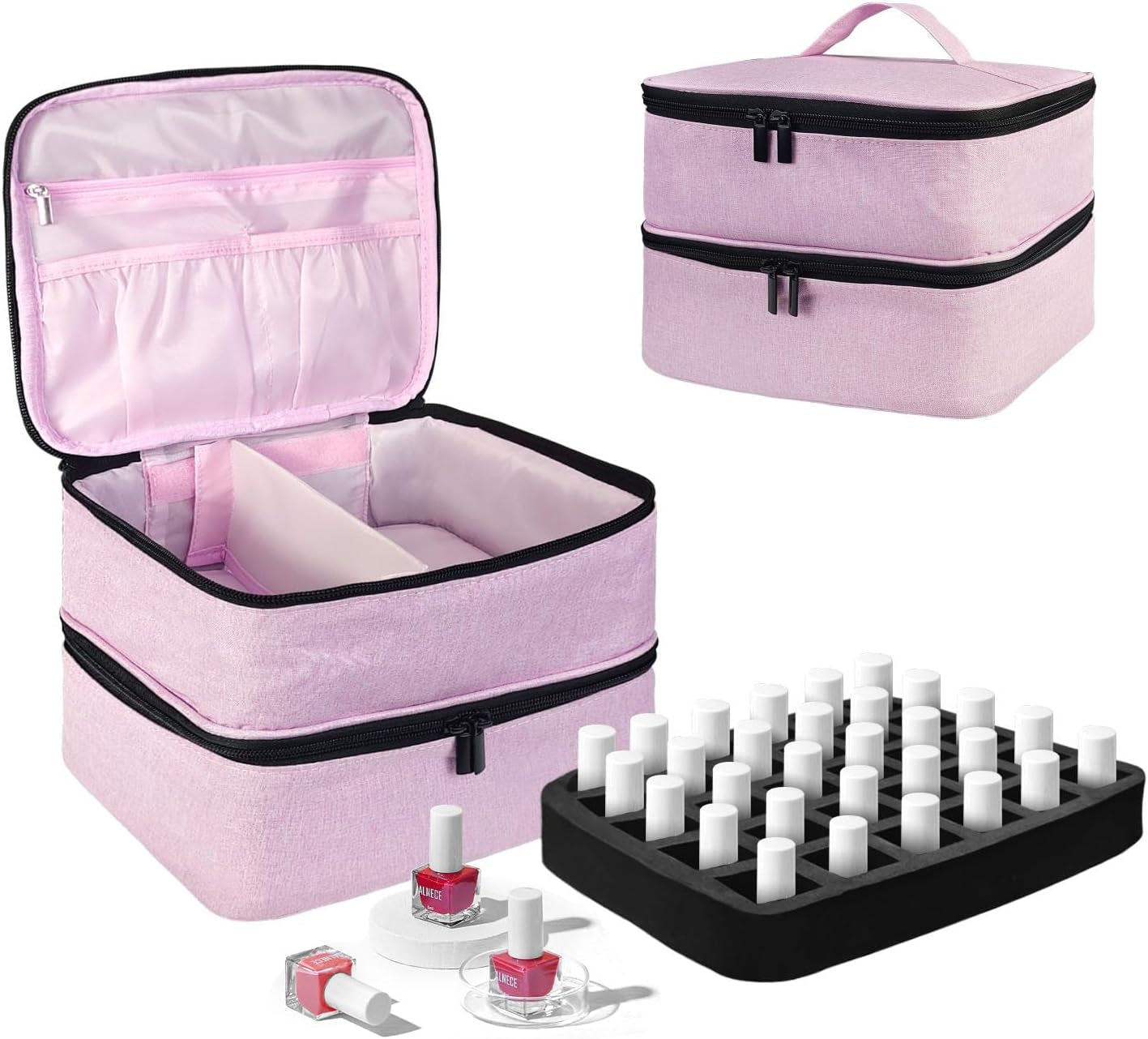 Tasche organizer per smalto per unghie, scatola portaoggetti per smalto per unghie doppia, borsa organizer per cosmetici per design cosmetico per 30 bottiglie di base Neonail (15 ml-0,5 fl.oz) e 1 lampada per unghie (nero)