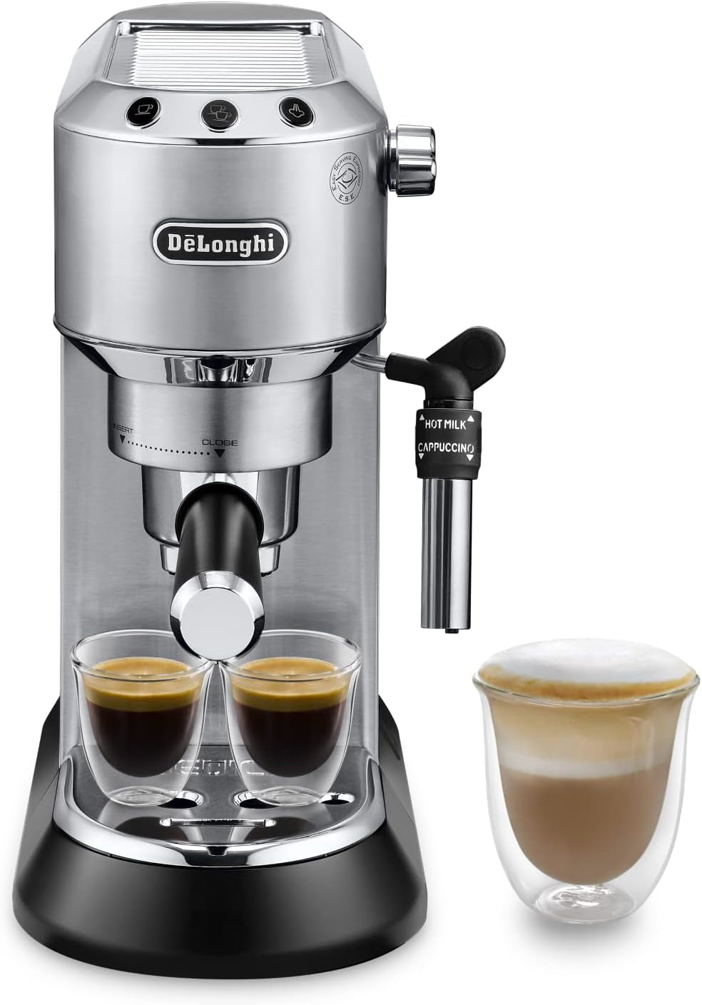 De'Longhi Dedica Style EC 685.B – Macchina per caffè espresso con portafiltro, macchina per caffè espresso con montalatte professionale, larga solo 15 cm, per caffè macinato o capsule ESE, serbatoio acqua 1 l, nera