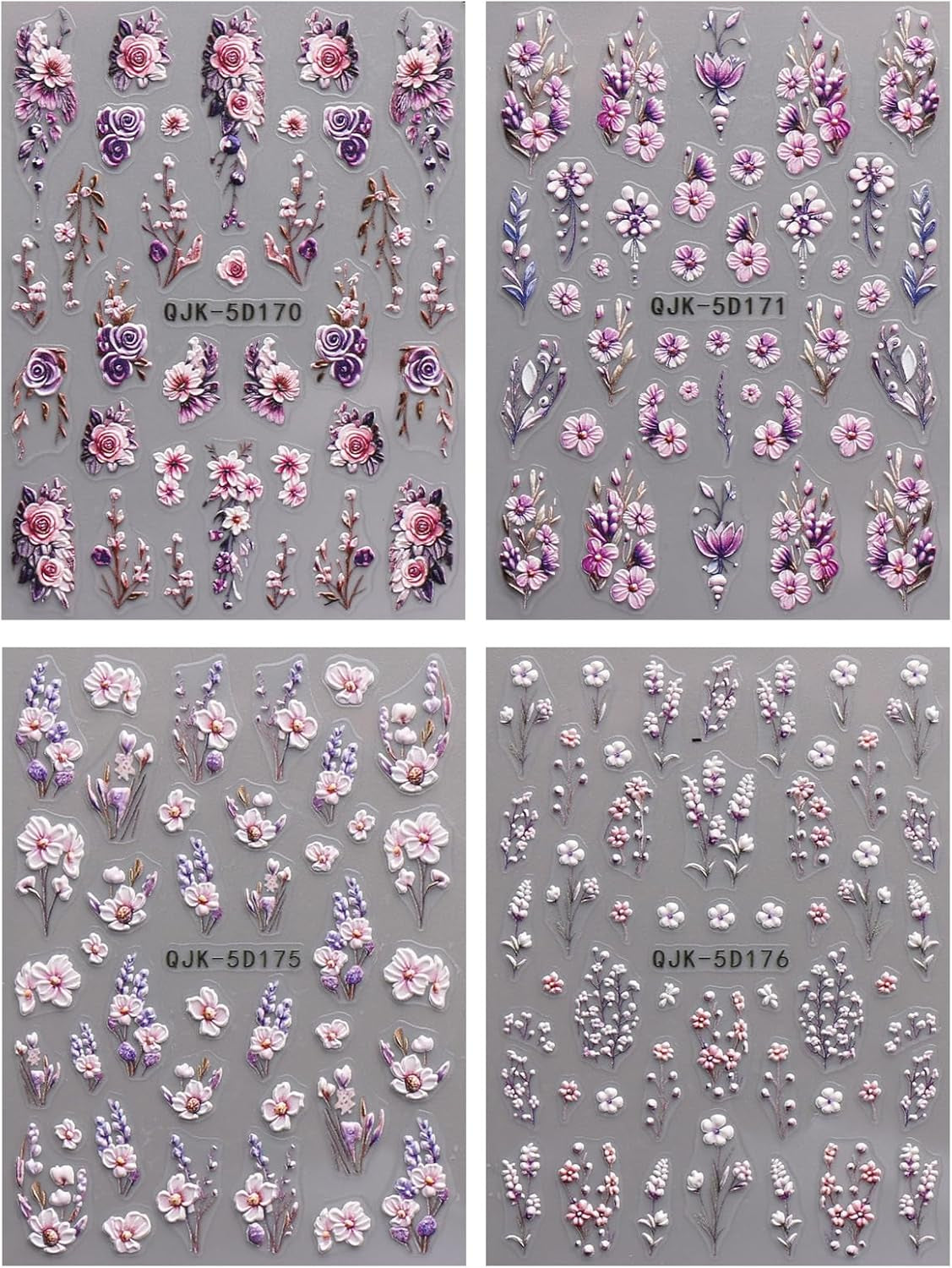 JMEOWIO 3D Nagelsticker Blumen Nail Art Sticker Selbstklebend Nagelaufkleber 5D Stereoscopico Frühling Sommer Dekoration Nageldesign Zubehör 4 Blatt