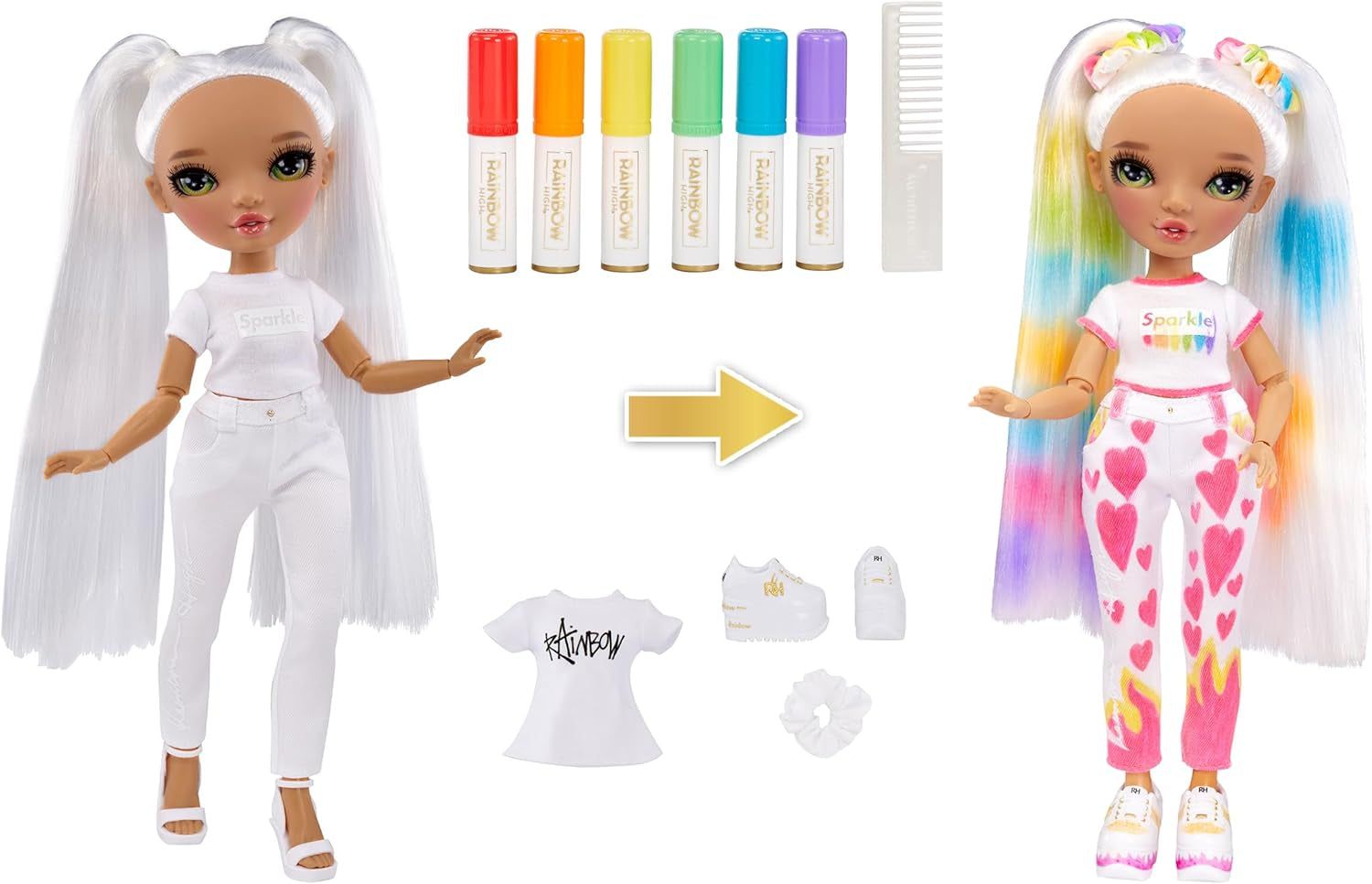 Rainbow High Color & Create DIY Modepuppe - Grüne Augen, Zopfe, extra Top & Schuhe, abwaschbare Regenbogenstifte - Ausmalen, Gestalten, Spielen, Auswaschen - für Kinder von 4-12 Jahren und Sammler