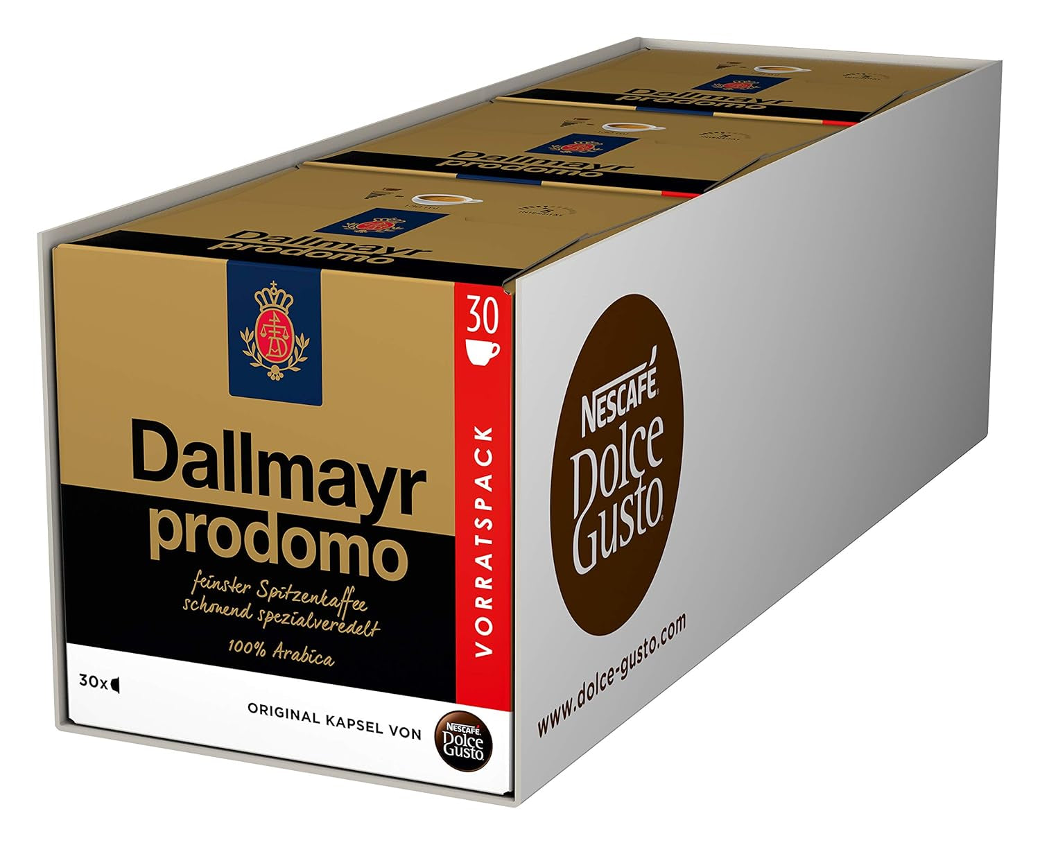 NESCAFÉ Dolce Gusto Dallmayr Prodomo, XXL-Vorratsbox, 90 Kaffeekapseln (3 x 30 Kapseln) e Dallmayr Crema d'Oro Caffè Latte (48 Kaffeekapseln, 48 Getränke, cremig&ausgefungen) Confezione da 3 (3 x 16 Kapseln)