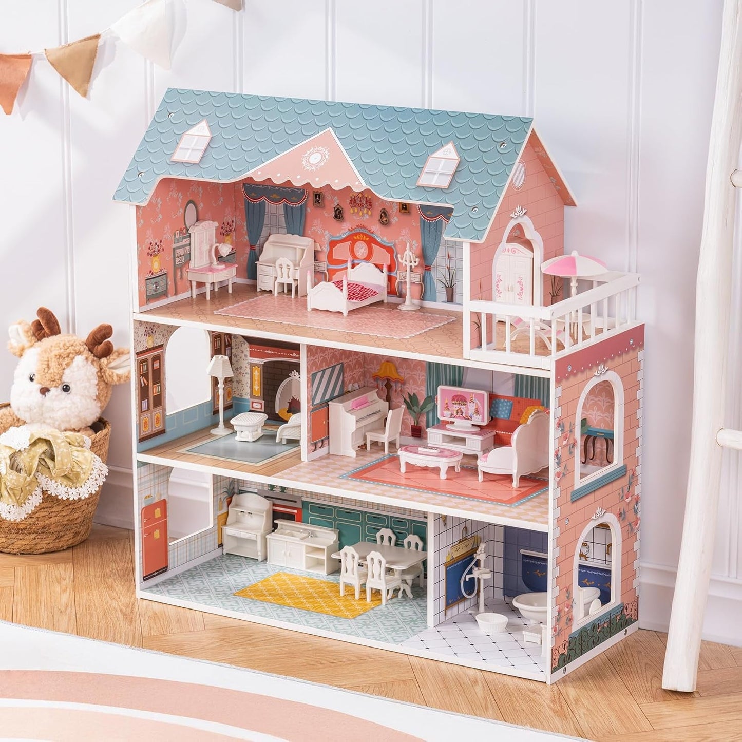 ROBUD Casa delle bambole in legno con mobili e accessori Case per ragazze Casetta dei giochi Giocattolo per bambini