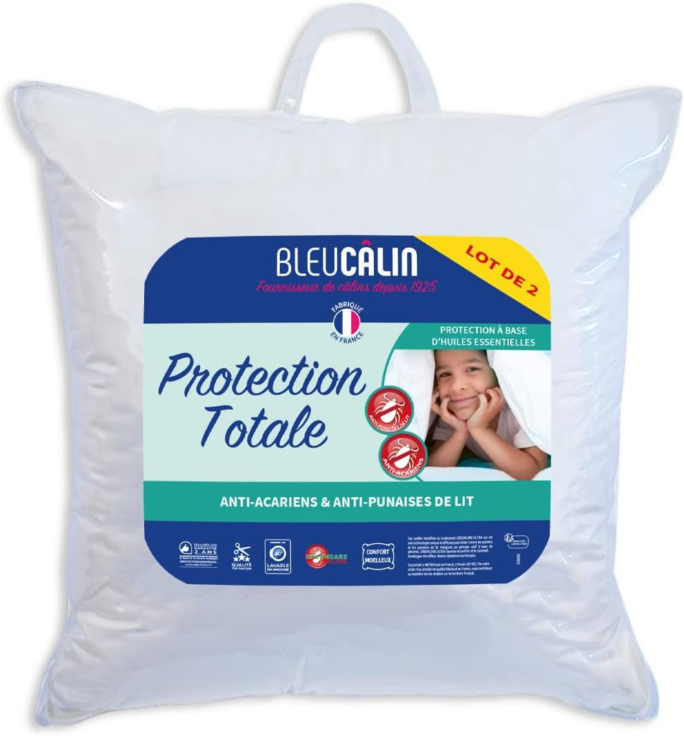 Set 2 cuscini Bleu Câlin antiacaro e antiinsetti, soffice comfort, 60 X 60 cm, fodera in microfibra, protezione totale, cuscini standard bianchi Naty Shop