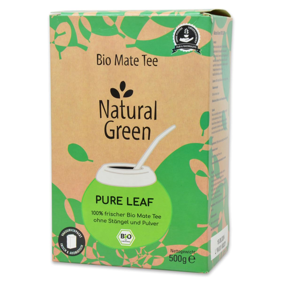 Delicatino - PURE LEAF verde naturale 500G, yerba mate biologica senza stelo, fresca e senza fumo, coltivata biologicamente, confezionata sottovuoto per la massima freschezza