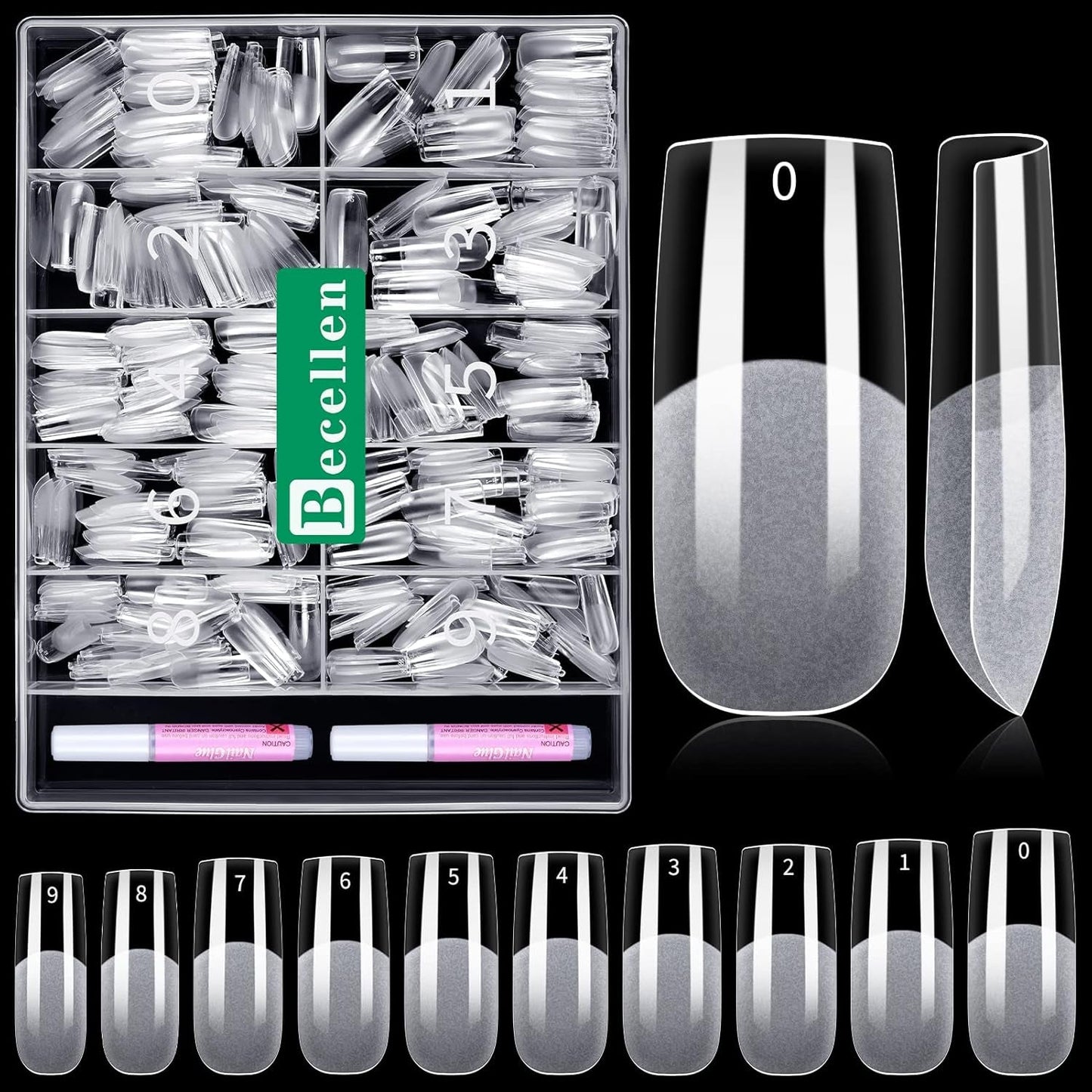 Becellen 500 punte per unghie artificiali, punte per unghie in gel morbido, copertura completa, punte per unghie in gel, unghie artificiali pre-lucidate, set di colla per nail art fai da te (mandorle)
