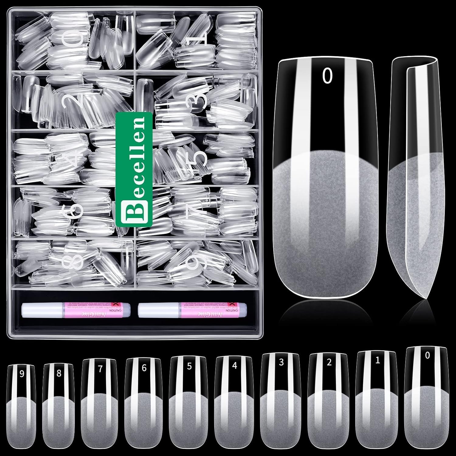 Becellen 500 punte per unghie artificiali, punte per unghie in gel morbido, copertura completa, punte per unghie in gel, unghie artificiali pre-lucidate, set di colla per nail art fai da te (mandorle)