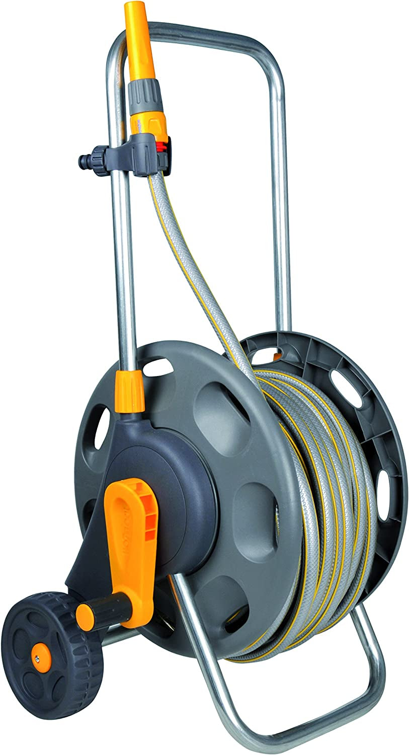 HOZELOCK - Avvolgitubo Plus 50 M (Ø 12,5 mm) assemblato: Portata max 60 m, stabile e robusto per uso generale, assemblato con tubo da 50 m, 1 ugello spruzzatore + connettori [2435R0000]