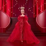 Barbie Signature Doll 80° Anniversario Mattel Figura da collezione in scintillante abito in tulle rosso con orecchini a goccia e guanti delicati Capelli biondi JBJ17