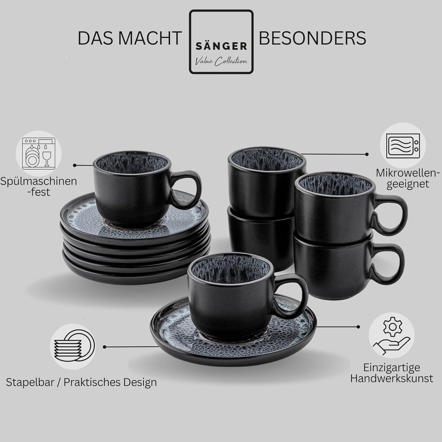 SANGER Sydney | Set di tazzine da caffè in ceramica da 12, set di tazze da moka per 6, tazze e piattini, lavabili in lavastoviglie e adatti al microonde, grigio scuro, 80 ml | LA COLLEZIONE DI VALORE