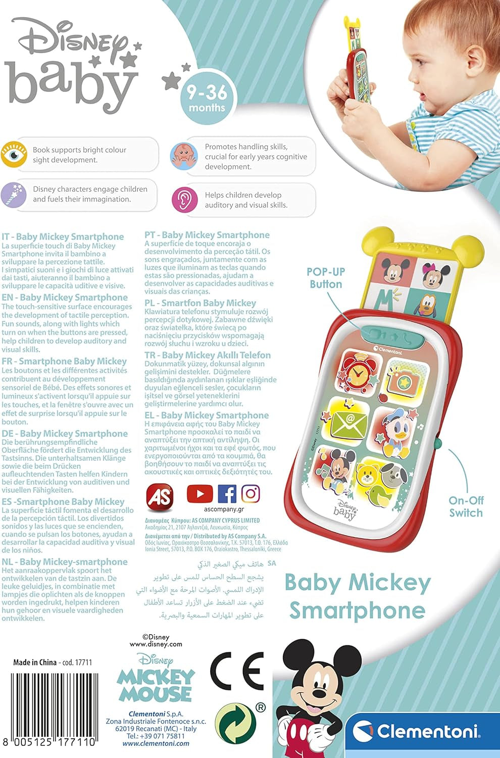 Clementoni 17711 Disney Baby Baby Topolino Smartphone, Cellulare per Bambini con Effetti Luminosi e Sonori, Giocattolo Interattivo per Bambini 9-36 Mesi, M, Multicolore Bebe Toys Naty Shop