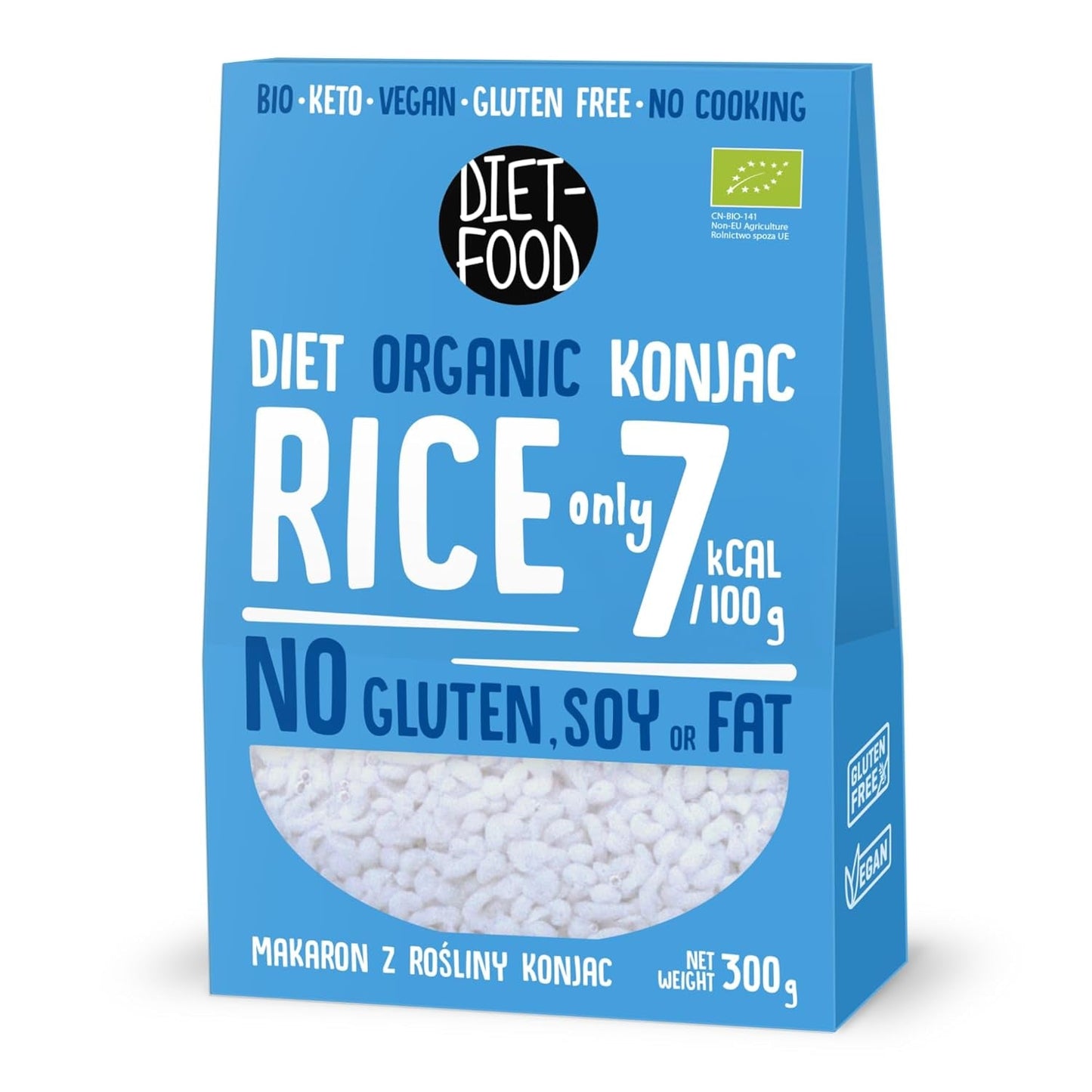 DIET-FOOD Riso istantaneo Shirataki Konjac biologico, a basso contenuto di carboidrati, a basso contenuto calorico, vegano, senza grassi, senza soia, senza glutine, cheto friendly, dimagrante, 300 grammi