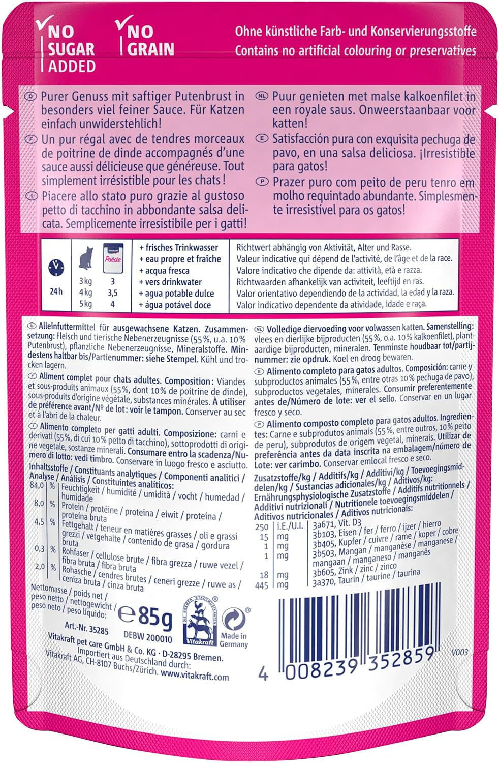 Vitakraft Poésie Délice, cibo umido per gatti, cibo per gatti in salsa, con tacchino, confezione sfusa, senza zuccheri o cereali aggiunti (23 x 85 g)
