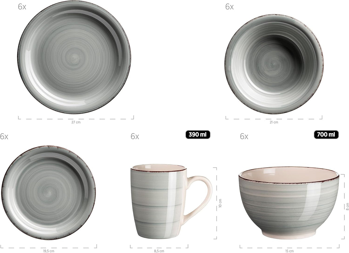 MÄSER 931612 Bel Tempo II Servizio Piatti Vintage per 6, 30 Pezzi, Servizio Combinato in Ceramica Blu Dipinta a Mano, Gres, Smokey Blue