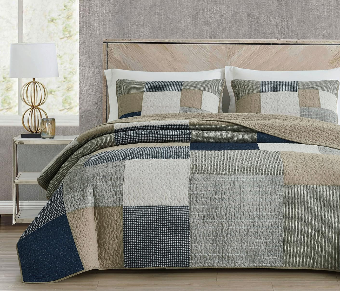 Collezione Chezmoi Addy Set trapunta patchwork Cotone prelavato Leggero Reversibile Per tutte le stagioni Oversize 3 pezzi Blu marino Bianco Grigio Talpa Trapunte e trapunte scozzesi Naty Shop