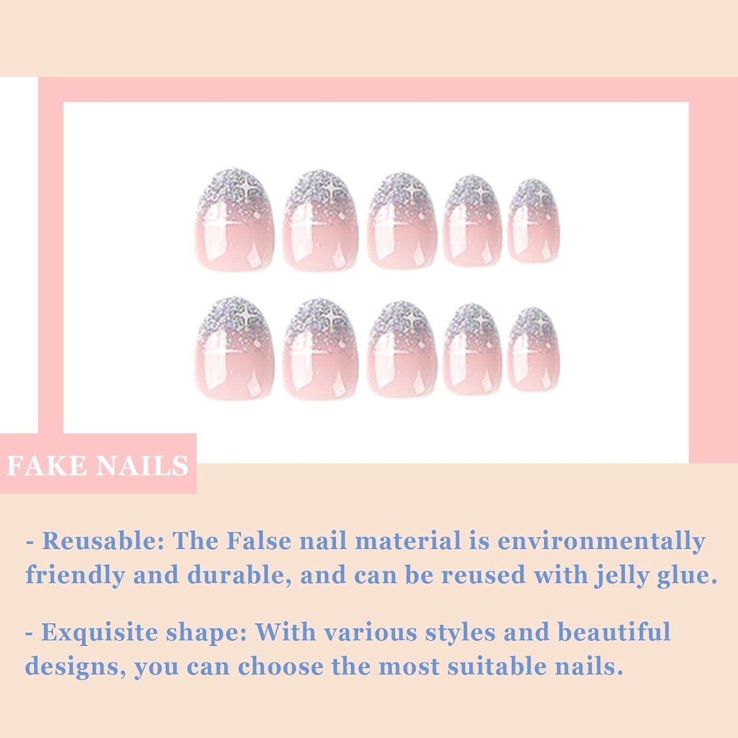 24 pezzi French Press On Nails Breve design argento lucido Unghie artificiali ovali Colla su unghie lucide acriliche Unghie finte per donne ragazze