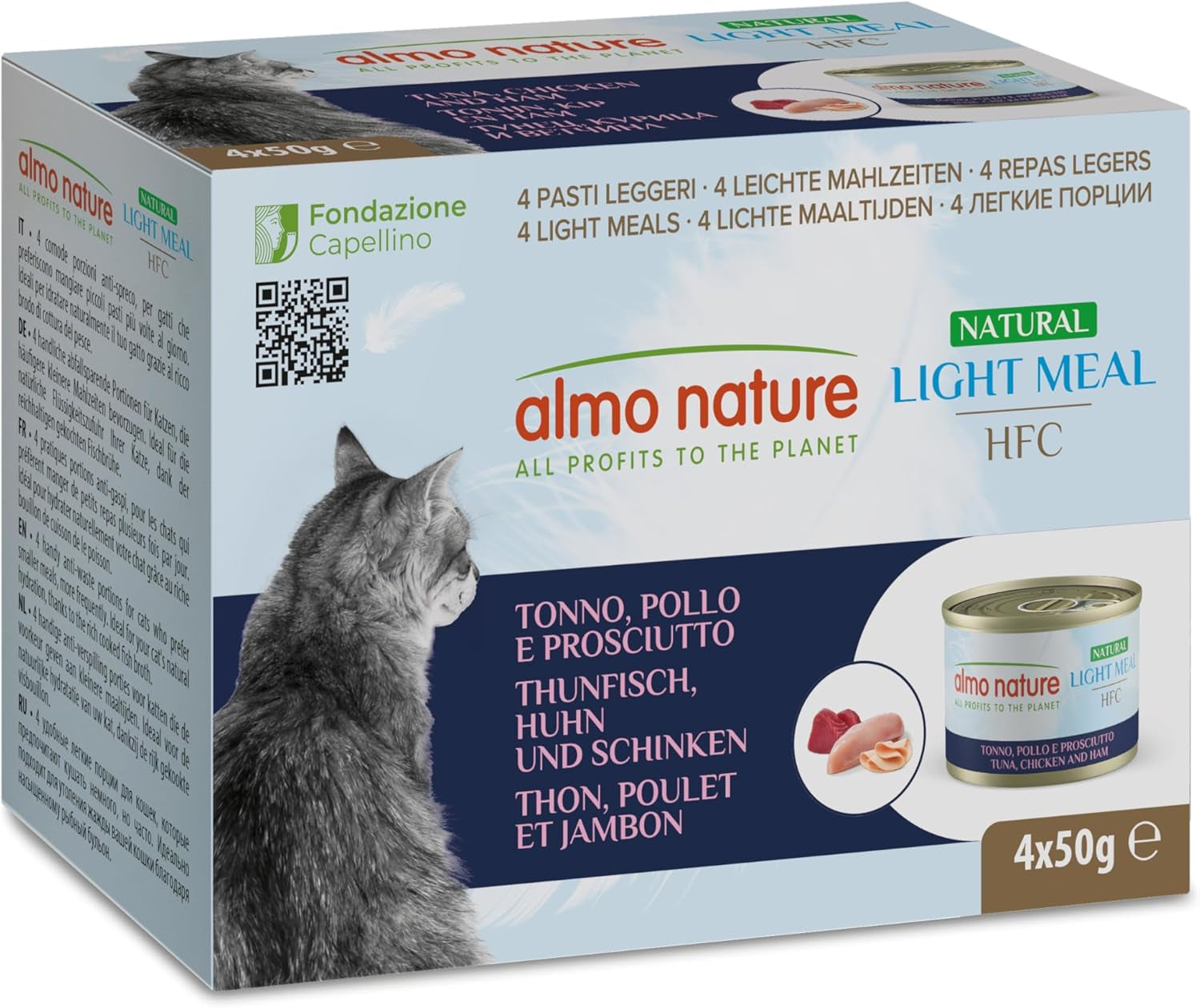 Almo Nature HFC Natural Light Meal - Nassfutter für Katzen - Thunfisch, Huhn & Schinken - Human-Grade, Glutenfrei - 50g, confezione da 4