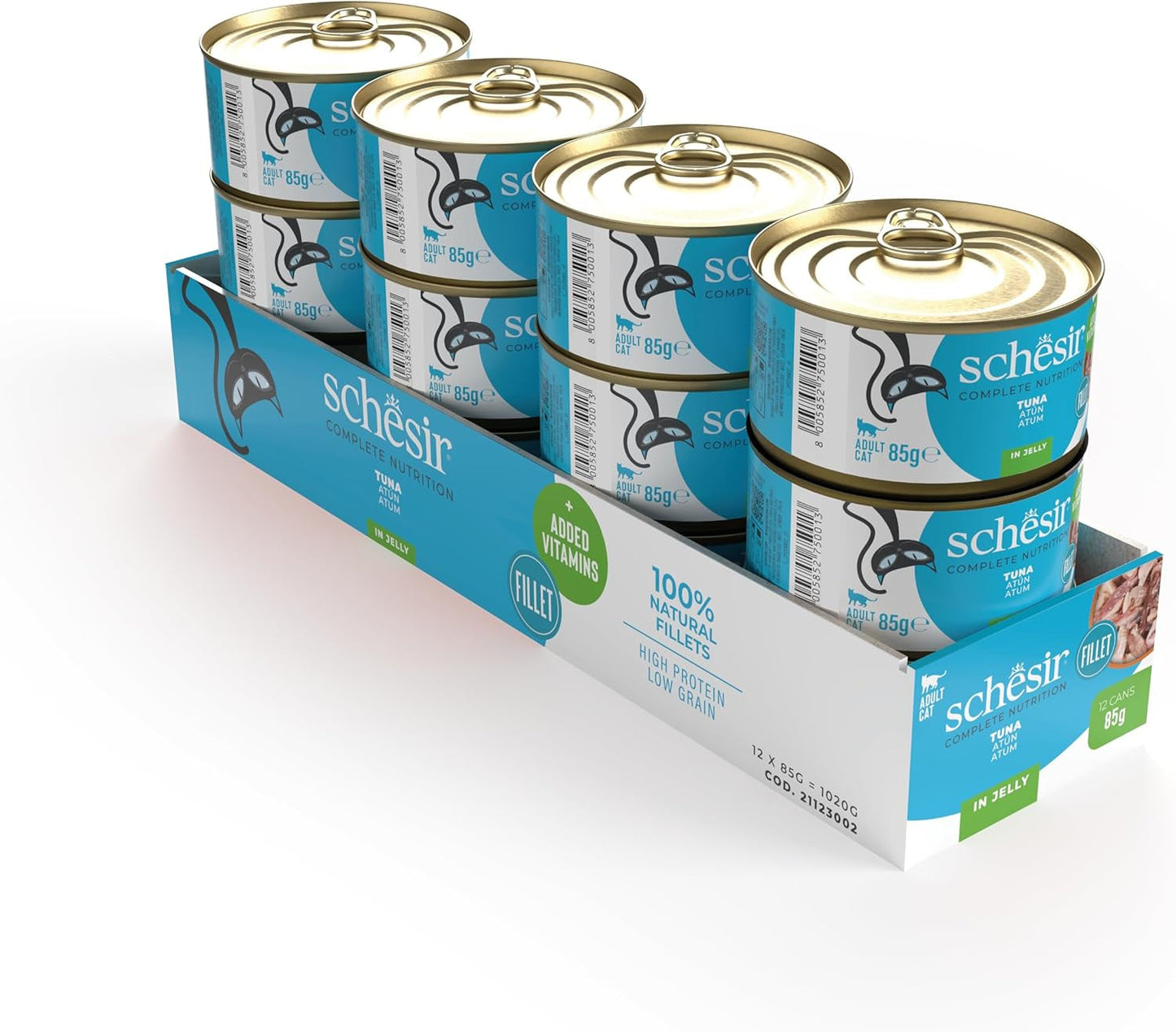 Tonno in gelatina, cibo umido per gatti, in scatola, 100% naturale, con aggiunta di vitamine, 12 x 85g