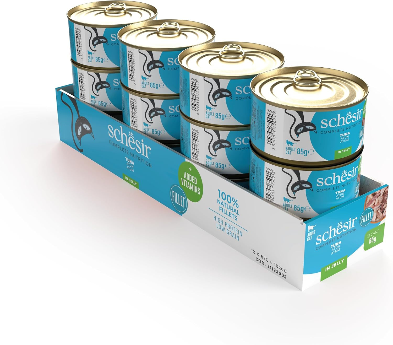 Tonno in gelatina, cibo umido per gatti, in scatola, 100% naturale, con aggiunta di vitamine, 12 x 85g