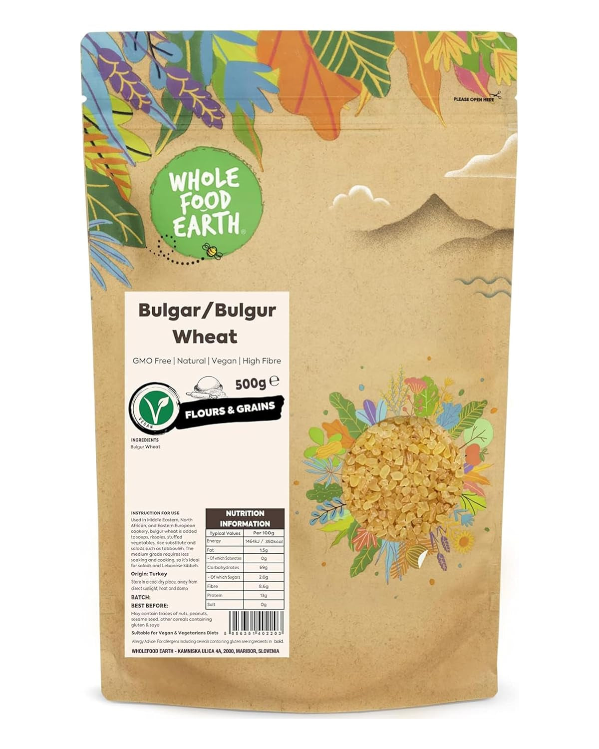 Bulgur di grano integrale terrestre - non OGM - naturale - vegano - senza latticini - senza zuccheri aggiunti, 500g