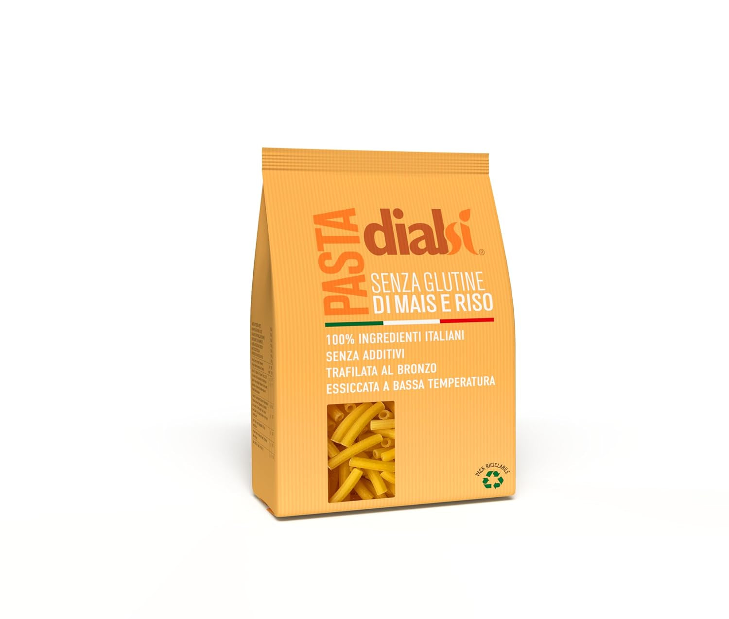 Pasta stella Dialsi, pasta di mais e riso senza glutine, cotta al bronzo, ingredienti 100% italiani, senza additivi, cuoce in 8-9 minuti, confezione da 300g
