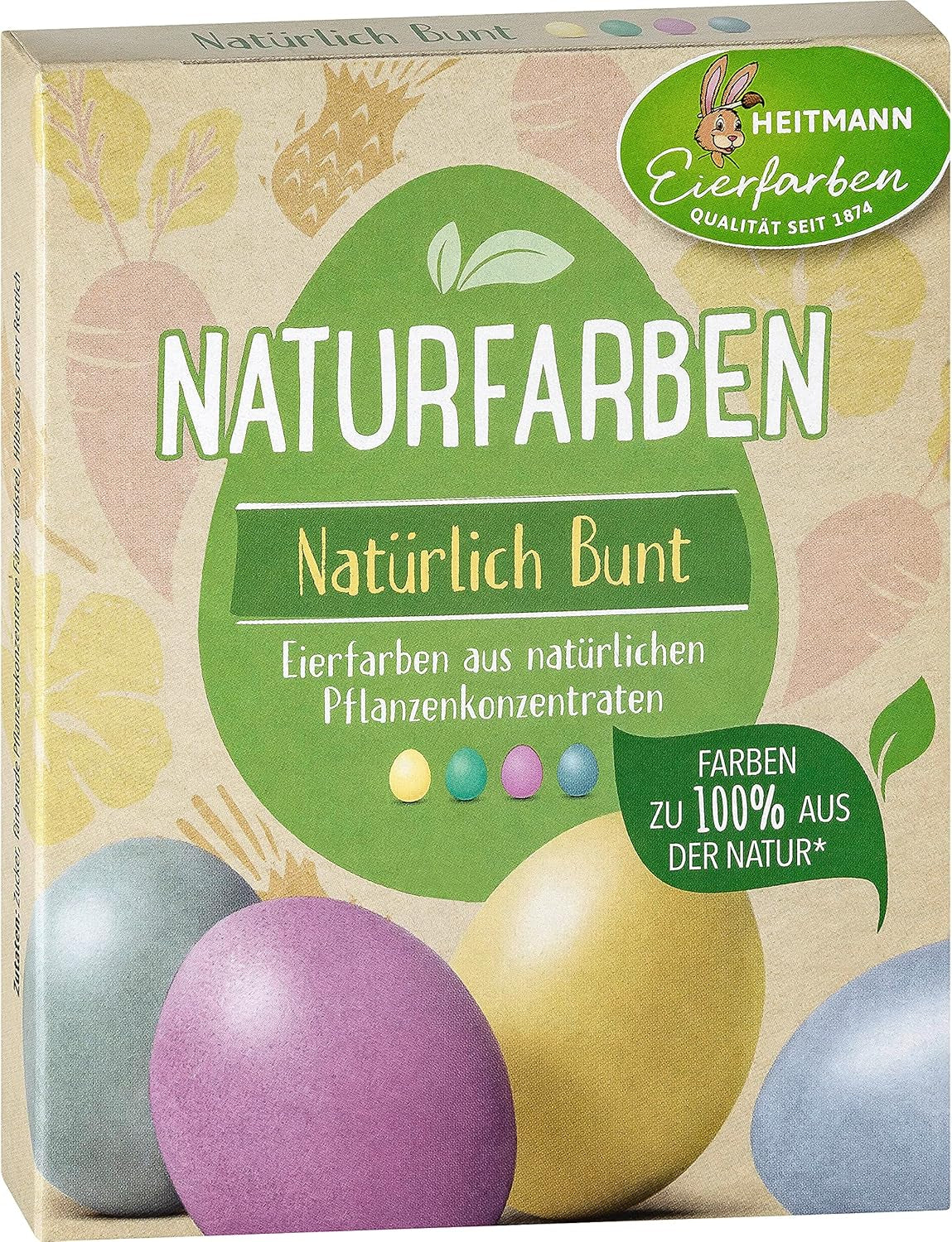Set di coloranti naturali Heitmann Egg Dye, 3 polveri coloranti all'uovo (giallo, viola, grigio-blu), foglio di adesivi in ​​carta erba