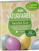 Set di coloranti naturali Heitmann Egg Dye, 3 polveri coloranti all'uovo (giallo, viola, grigio-blu), foglio di adesivi in ​​carta erba