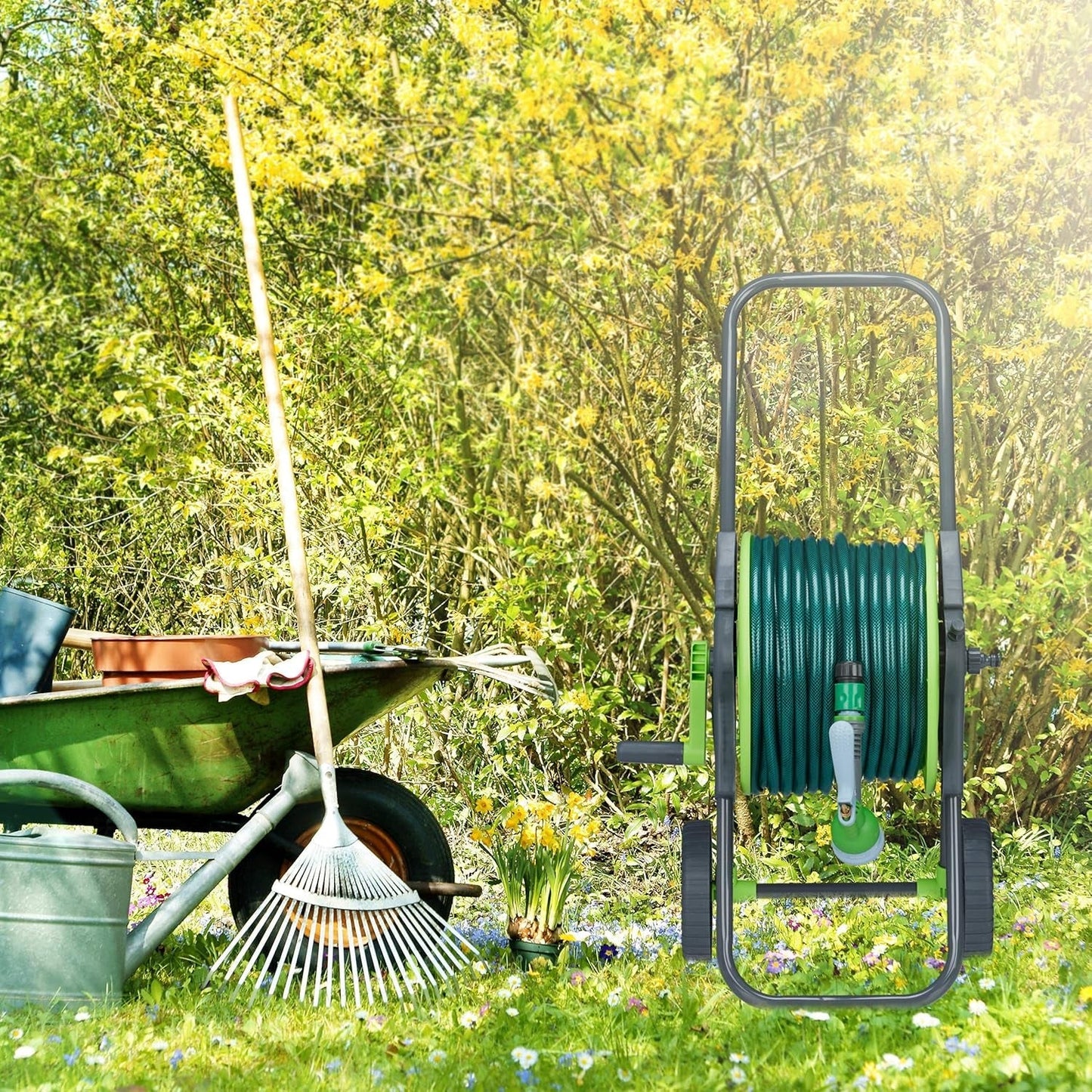 Relaxdays Carrello Portatubo 45m 1/2" Avvolgitubo Acqua Giardino 82,5x43x34cm Grigio-Verde
