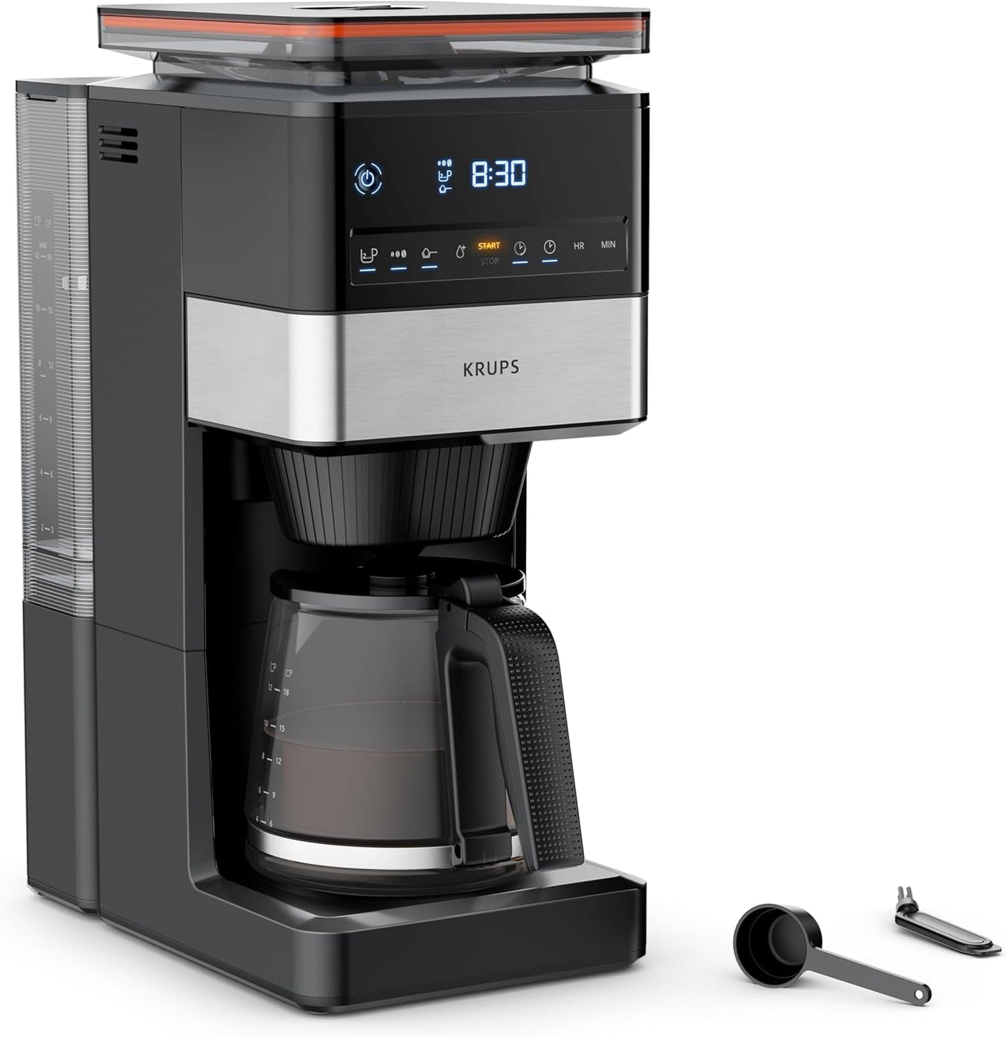 KRUPS Grind Aroma XL Macchina per caffè espresso, Macinino conico rimovibile, Pannello di controllo digitale, Capacità XL (1,5 L), Funzione Mantieni caldo, Caraffa in vetro, Nero/Acciaio inossidabile, KM842810