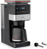 KRUPS Grind Aroma XL Macchina per caffè espresso, Macinino conico rimovibile, Pannello di controllo digitale, Capacità XL (1,5 L), Funzione Mantieni caldo, Caraffa in vetro, Nero/Acciaio inossidabile, KM842810