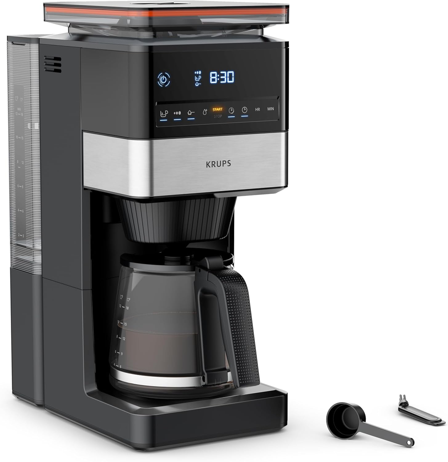KRUPS Grind Aroma XL Macchina per caffè espresso, Macinino conico rimovibile, Pannello di controllo digitale, Capacità XL (1,5 L), Funzione Mantieni caldo, Caraffa in vetro, Nero/Acciaio inossidabile, KM842810