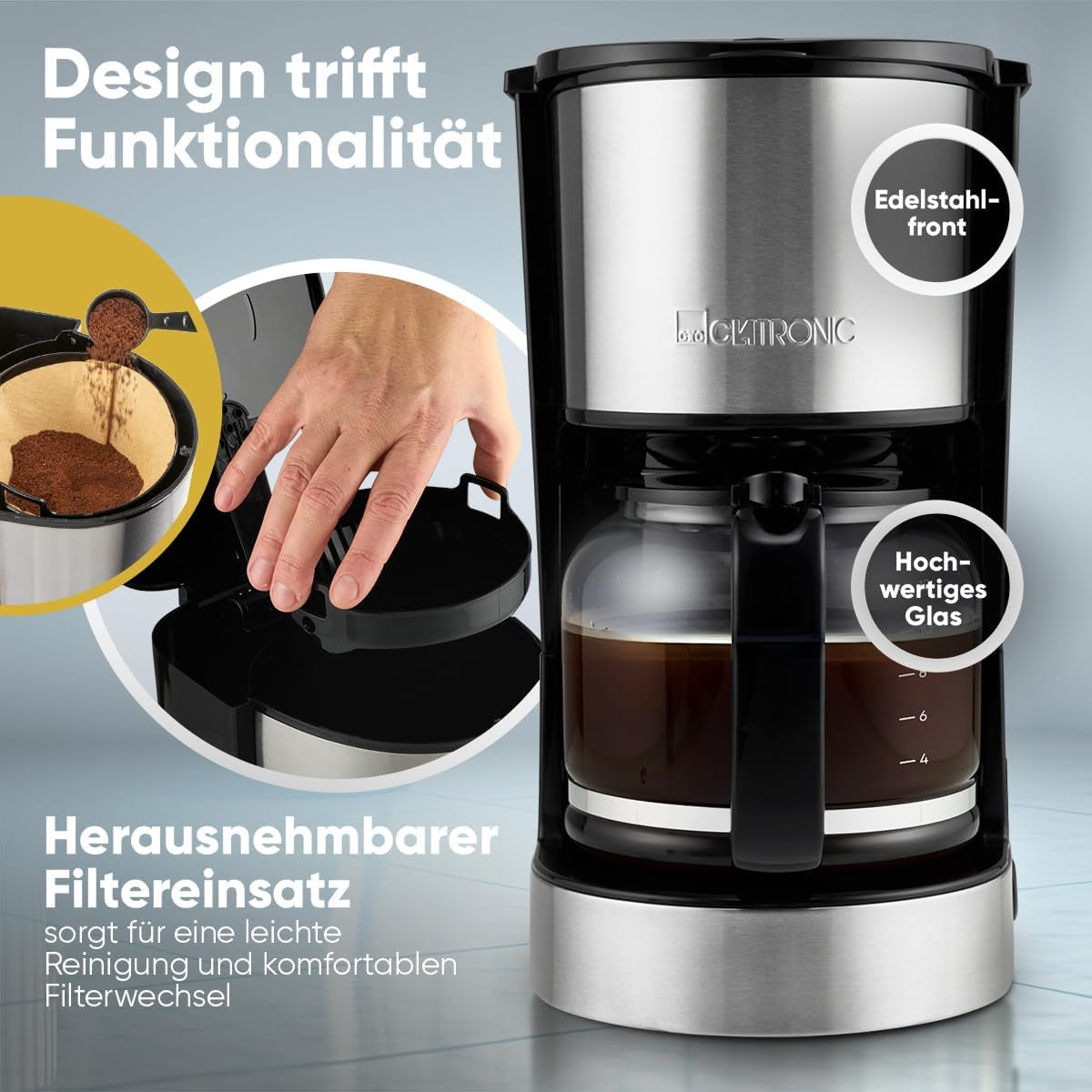 Macchina per caffè espresso con filtro Clatronic® | per 12-14 tazze | Macchina per caffè espresso con filtro | Cassa in acciaio inossidabile | Antigoccia | Espresso | Macchina per caffè espresso con filtro | 800 W | KA3808