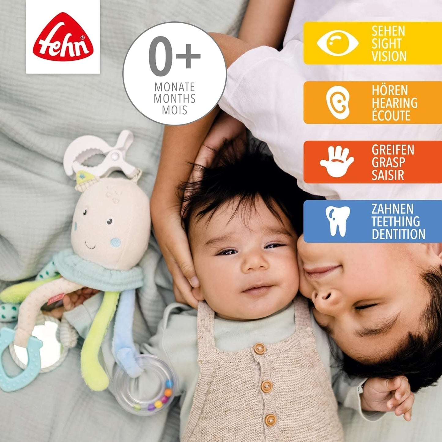 Fehn Giocattolo attività Polpo - Giocattolo per abilità motorie per passeggini e brillanti partenze, Oball, Sonaglio con palline per camminare, Giocattolo interattivo per bambini Bebe Toys Naty Shop