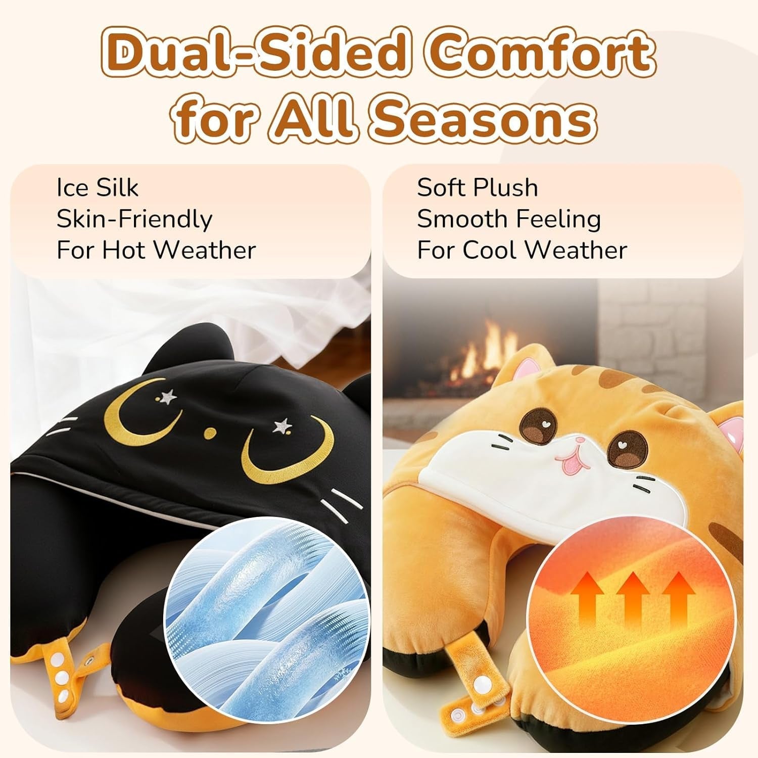 Cuscino da viaggio Mewaii, Cuscino bifacciale per adulti, Cuscino per collo in memory foam per aereo, Cuscino da volo reversibile con cappuccio per gatti, Cinghia regolabile