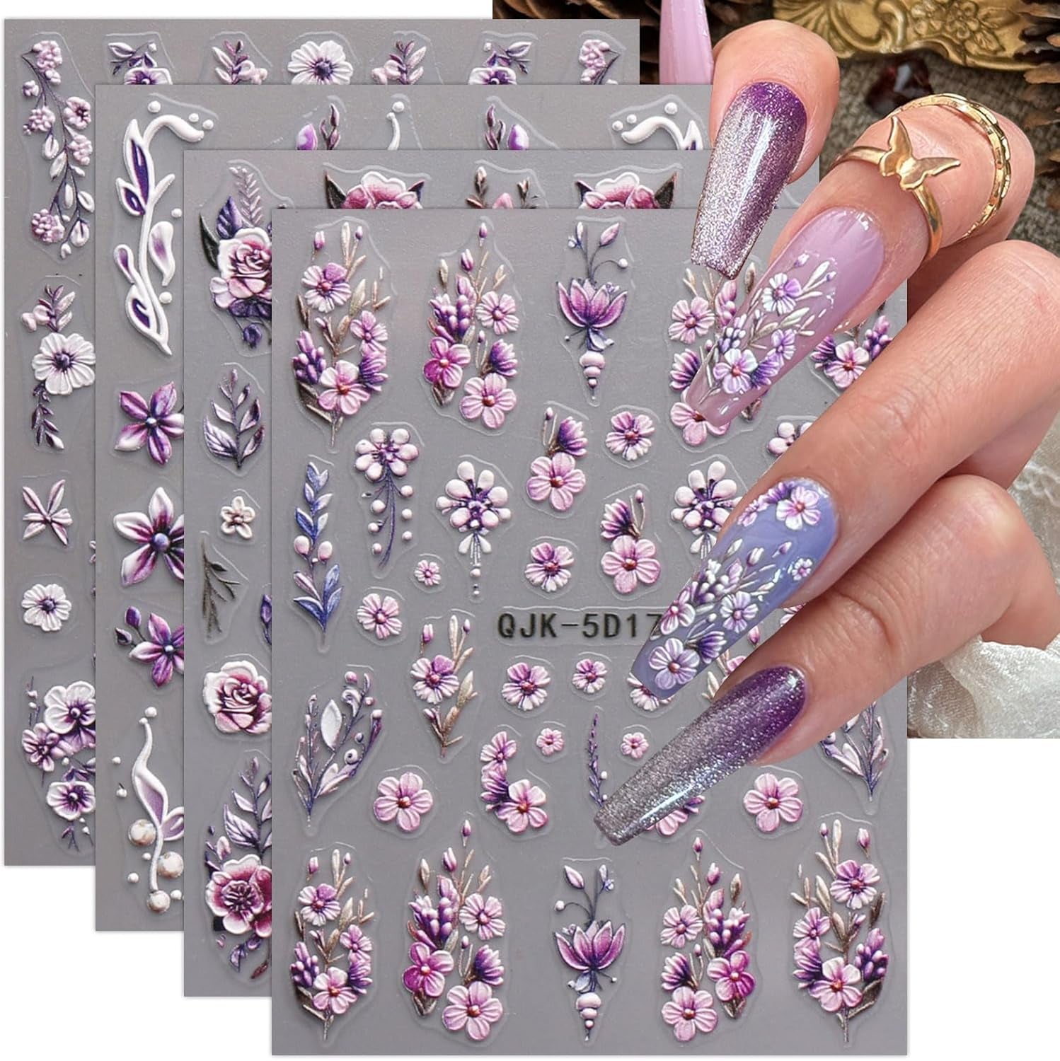 JMEOWIO 3D Nagelsticker Blumen Nail Art Sticker Selbstklebend Nagelaufkleber 5D Stereoscopico Frühling Sommer Dekoration Nageldesign Zubehör 4 Blatt