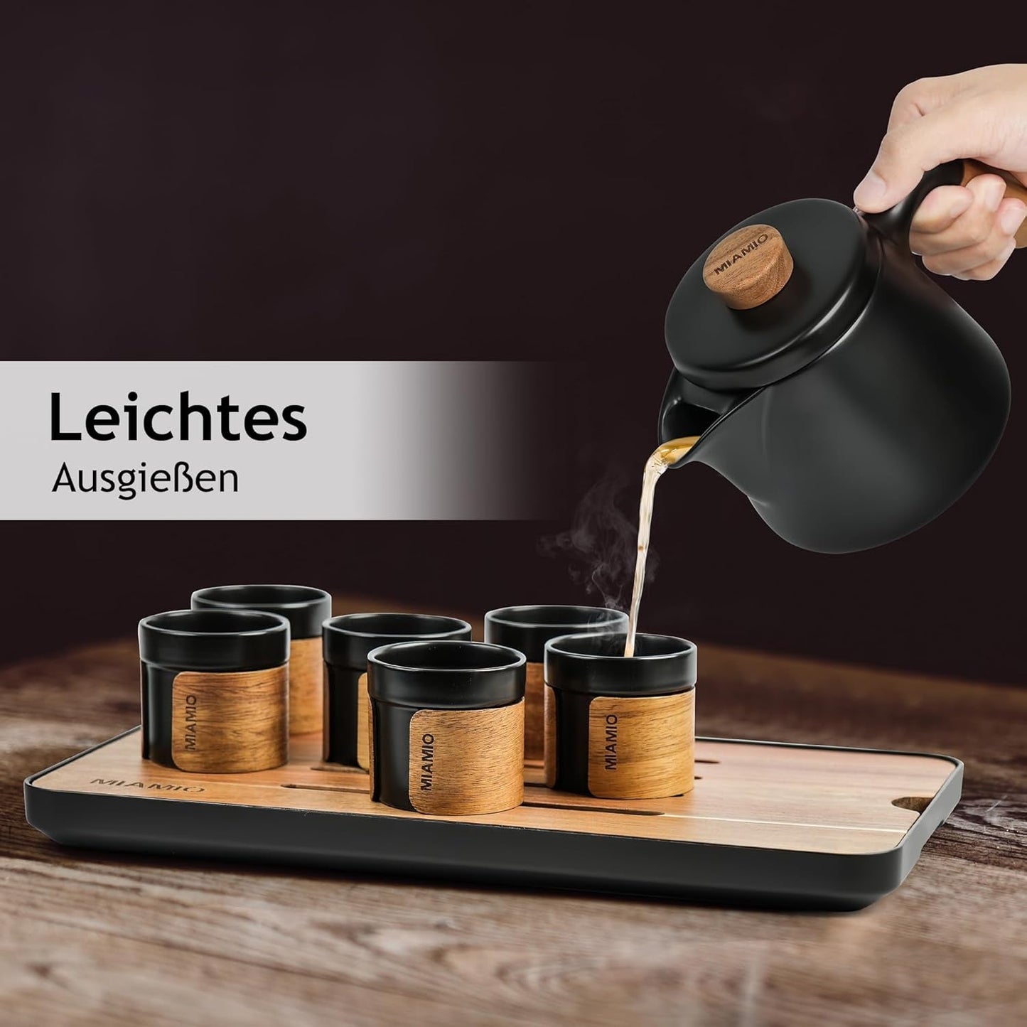 MIAMIO - Set da tè giapponese/cinese 6 x 100 ml / Teiera asiatica da 620 ml con infusore per il tè, set da teiera tradizionale giapponese per amanti del tè/uomini/donne (nero)