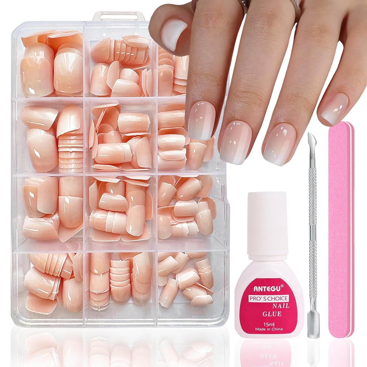 Set Unghie Finte - 240 Pezzi Unghie Corte Quadrate Modello In Gel Morbido Nude Sfumatura Bianca Colla Naturale Finta Su Unghie Finte Per Donne Fai Da Te (Nude Gradient, 240X)