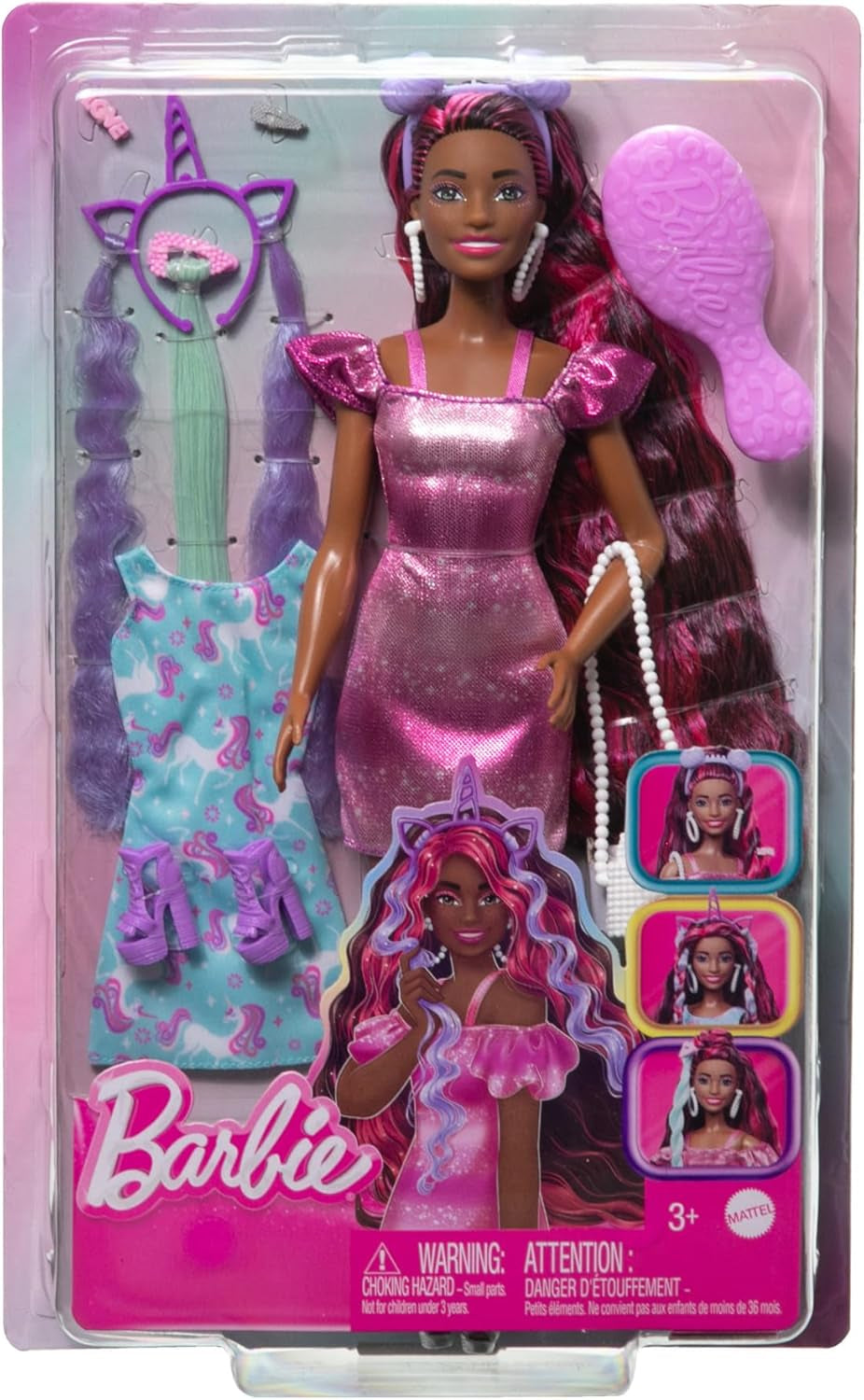 Barbie Doll Capelli divertenti ed eleganti con capelli neri colorati extra lunghi e vestito rosa scintillante 10 acconciature e accessori moda JDC86