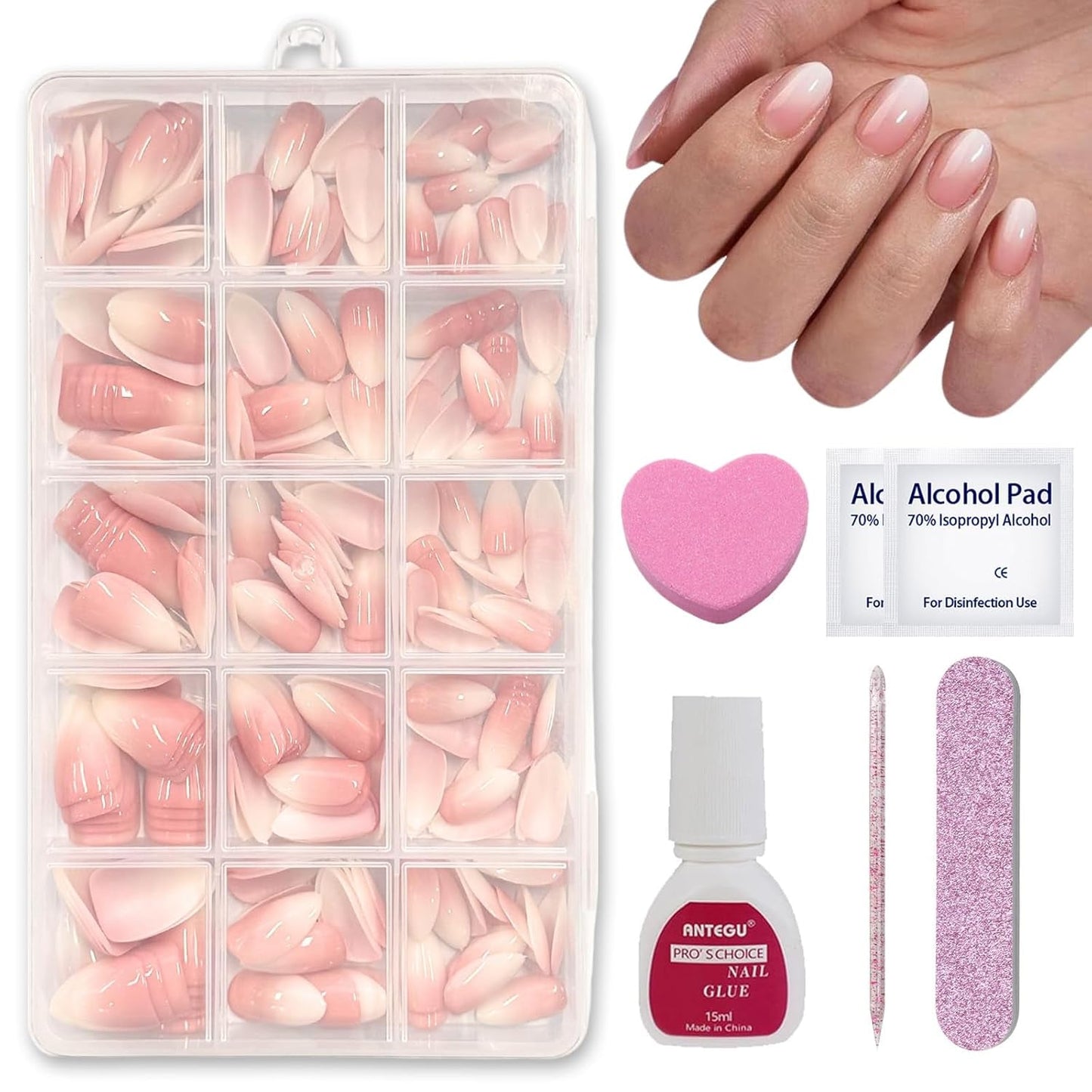 Set di 240 unghie finte corte - Unghie finte artificiali corte naturali da incollare - Unghie artificiali sfumate color carne per estensioni delle unghie a scatola (Gradiente nudo)